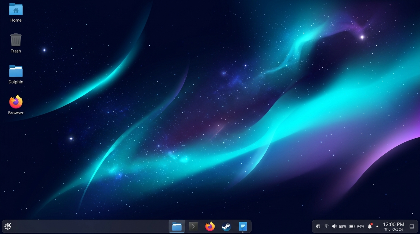 Caelaris Linux KDE Plasma 6 Desktop Home Screen